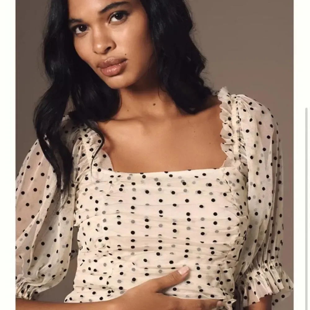Anthropologie Maeve Ivory Black Polka Dot Ruched Puff Sleeve Blouse S